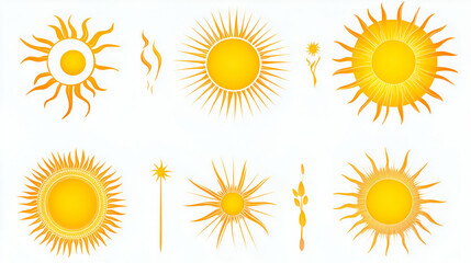 Collection of Ornate Sun Illustrations, Golden Rays, Abstract Design Elements for Summer Themes