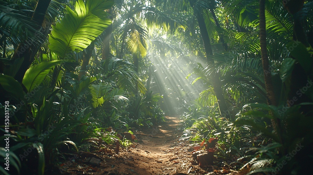 Poster a tranquil forest trail with sunlight streaming through the canopy and a sense of calmness stock pho