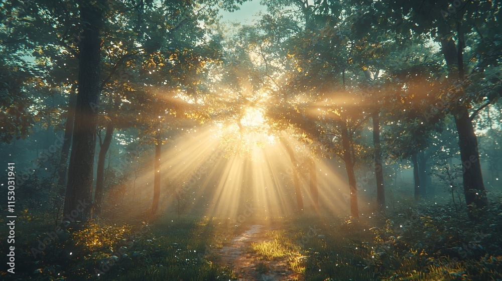 Poster a tranquil forest trail with sunlight streaming through the canopy and a sense of calmness stock pho