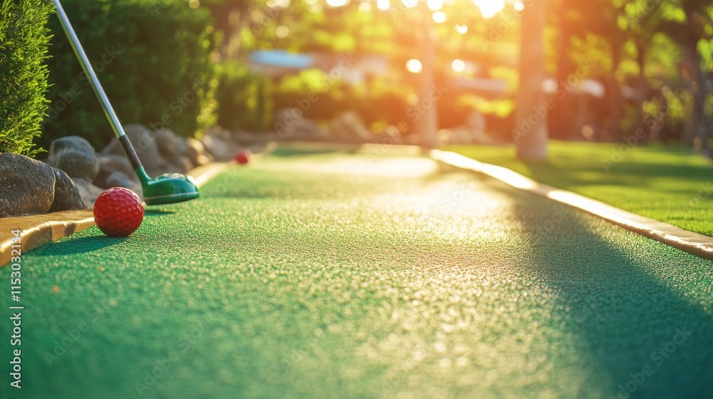 Poster a pristine miniature golf course with neatly positioned clubs and balls at the first hole, a vibrant