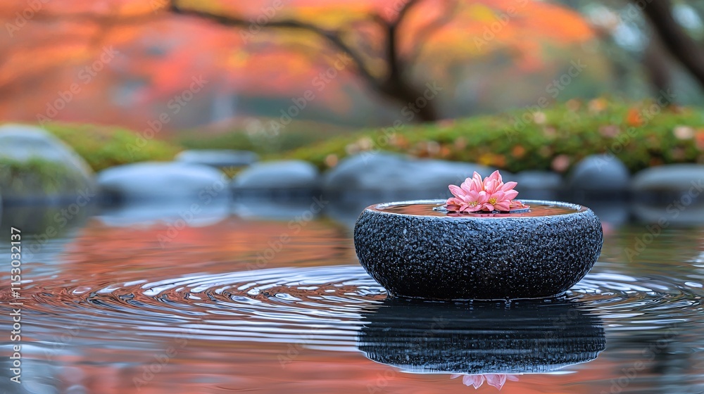 Poster a small fountain in a zen garden with ripples in the water adding to the meditative atmosphere stock