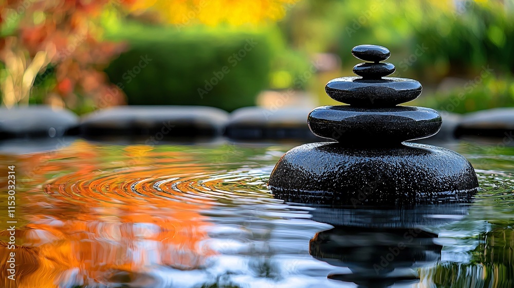 Aufkleber a small fountain in a zen garden with ripples in the water adding to the meditative atmosphere stock