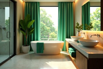 Fototapeta premium Luxurious Green Towel Bathroom, Modern, Depth, Mood