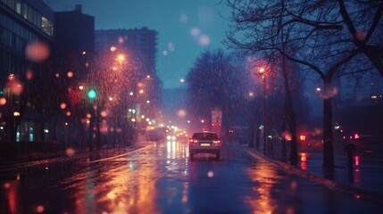Obraz premium Rainy night in the city with glowing streetlights reflecting in puddles.
