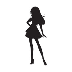 Slim woman with long legs dressed in summer dresses and high heels standing with hands on her hips, isolated vector silhouette