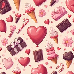 Whimsical Valentine s Day Themed Cartoon Style Seamless Pattern with Heart Gifts and Sweet Treats