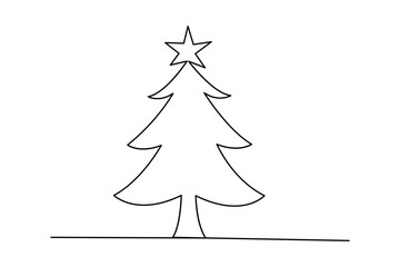 Continuous one-line drawing of Christmas tree isolated outline Black and white background
