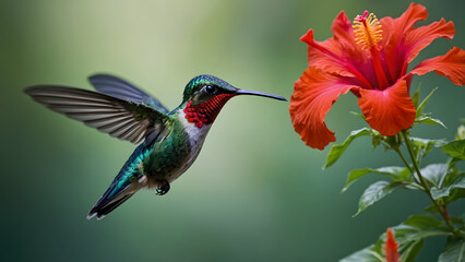 Fototapeta premium A vivid green and blue hummingbird in mid-flight, its wings blurred to capture motion as it hovers near a bright red hibiscus flower, with a softly blurred tropical background, ultra-realistic 