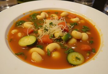 Closeup of bowl of hot fresh Minestrone soup
