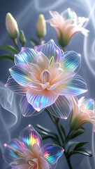 Fototapeta premium A beautiful spectrum of Alstroemerias flowers with delicate, translucent petals illuminated by soft light. Created with generative AI