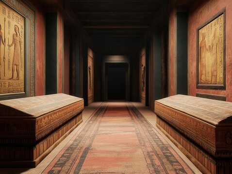 A captivating corridor featuring intricate ancient artwork and beautifully crafted sarcophagi, evoking a sense of historical wonder.