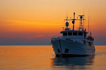 Obraz premium Boat anchored at sunset on calm water.