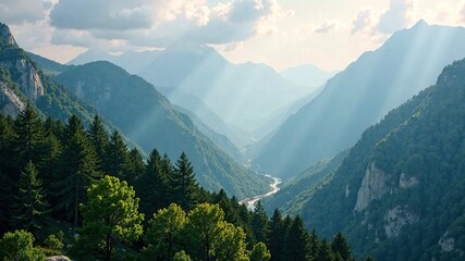 Fototapeta premium Majestic Mountain Panorama, Lush Forest, Depth & Mood, Stunning Landscape