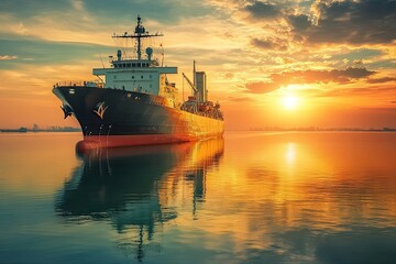 Fototapeta premium Cargo ship anchored at sunset reflecting on calm waters.