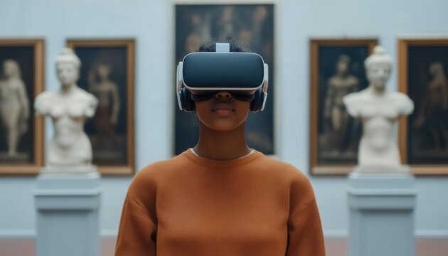 Futuristic museum tour in VR headset, immersive experience of ancient artifacts