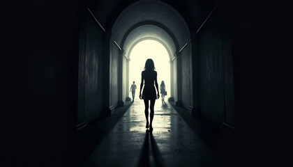 Woman walking through dark corridor towards light.