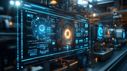 Obraz premium Futuristic Tech Interface, Digital Dashboard Displays System Data in a Sci-Fi Factory Setting