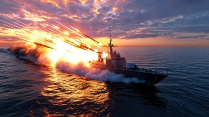 Naklejka premium Explosive Naval Battleship Sunset at Sea Amid Dramatic Clouds