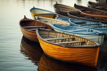 Obraz premium Colorful rowboats moored on a calm water surface.