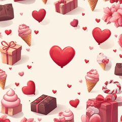 Romantic Valentine s Day Themed Pattern with Assorted Gifts and Treats in Playful Cartoon Style