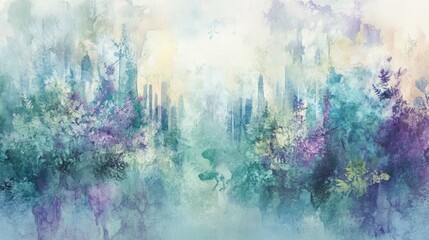 Abstract Watercolor Landscape Painting Cityscape Flora