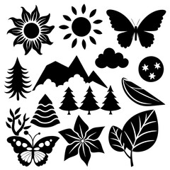 Nature Silhouettes: Tree, Flower, Butterfly, Mountain, River, Sun, Cloud, and Leaf - Black and White Vector Illustration