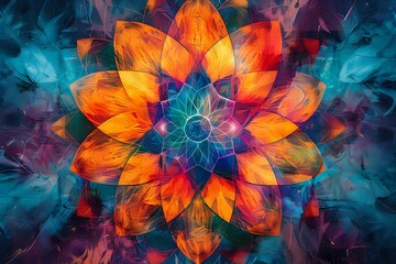 Obraz premium Vibrant Abstract Flower Mandala: Digital Art Explores Color and Form with Intricate Details and Dynamic Composition, Showcasing a Kaleidoscope of Hues in a Stunning Visual Symphony.