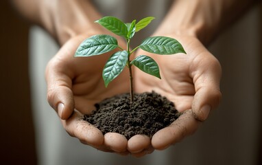 Hand supporting a small tree with fresh soil, representing nurturing care and environmental awareness, photorealistic finish
