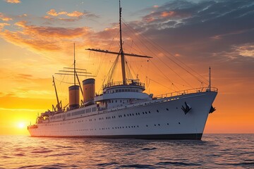 Fototapeta premium Elegant ship at sunset on calm waters.