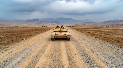 Naklejka premium Armored Tank Traversing Vast Desert Landscape