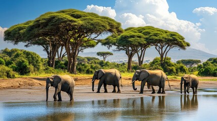 Naklejka premium A serene landscape featuring elephants walking near a river under acacia trees.