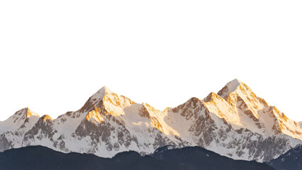 A breathtaking scene of snow-covered mountain peaks, bathed in the golden light of the setting sun. The snow glistens with a soft, warm golden glow on the peaks