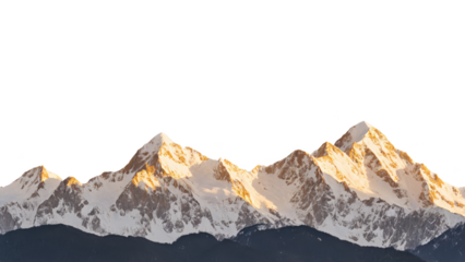 A breathtaking scene of snow-covered mountain peaks, bathed in the golden light of the setting sun. The snow glistens with a soft, warm golden glow on the peaks