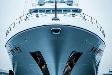 Front view of a sleek yacht docked in a harbor.