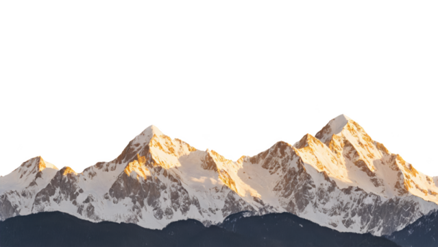A breathtaking scene of snow-covered mountain peaks, bathed in the golden light of the setting sun. The snow glistens with a soft, warm golden glow on the peaks