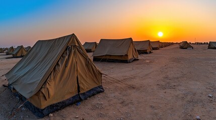 Sunset over a remote desert camping site with rows of tents under the warm evening sky