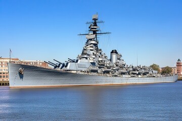 Historic battleship docked by the waterfront.