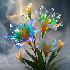 Fototapeta premium A beautiful spectrum of Alstroemerias flowers with delicate, translucent petals illuminated by soft light. Created with generative AI