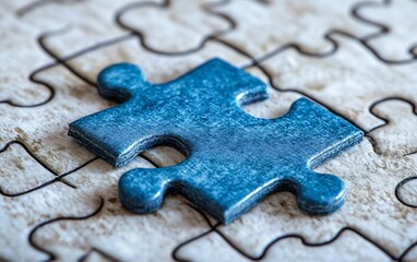 Single blue puzzle piece on a clean white background, symbolizing problemsolving and clarity, ultrarealistic detail