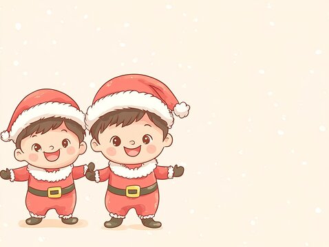 Cheerful Boys in Santa Costumes on Pastel Holiday Background