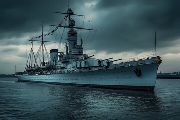 Naklejka premium Historic battleship moored under a dramatic sky.