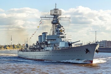 Historic battleship sailing on a river.