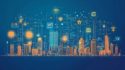 Fototapeta premium Futuristic Smart City illustration with showcasing interconnected buildings digital network.