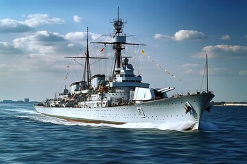 Naklejka premium Historic battleship sailing on calm waters.