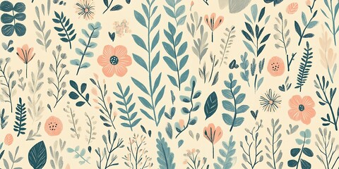 Seamless pastel floral pattern with various leaves and flowers.