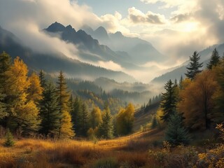 Misty Carpathian peaks, shrouded in a soft haze.