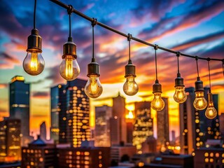 Obraz premium City Dusk Skyline with Illuminated Hanging Lights: Copy Space Left