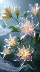 Fototapeta premium A beautiful spectrum of Alstroemerias flowers with delicate, translucent petals illuminated by soft light. Created with generative AI
