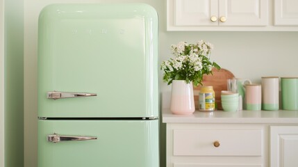 Stylish mint green retro refrigerator in modern kitchen home interior aesthetic design cozy environment perspective concept