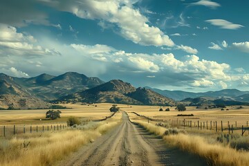 Obraz premium Serene Country Road Journey: Winding Through Golden Fields, Majestic Mountains Under a Vast, Cloudy Sky; Tranquil Landscapes and Peaceful Solitude.